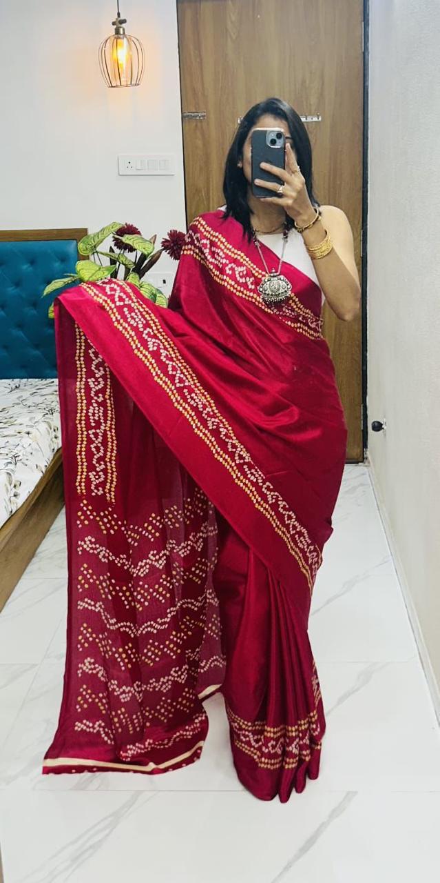 Bandhani Saree New Supar Ajrakh GOLD