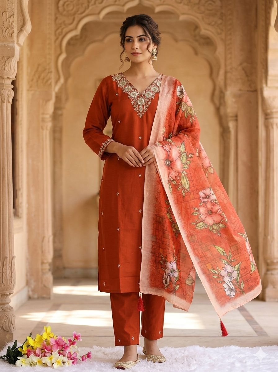 Roman Silk Kurti Dupatta Set