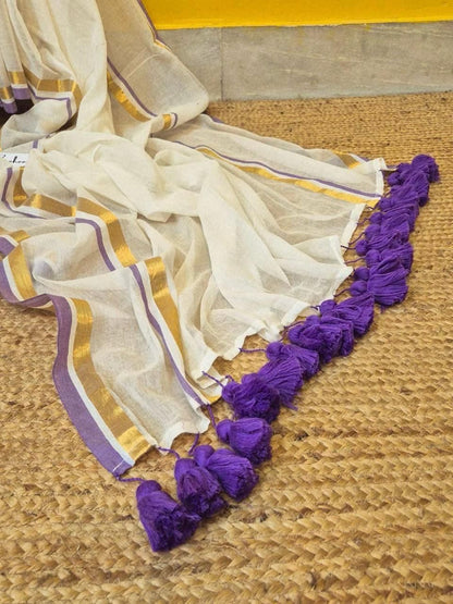 mulmul with jari patta border saree