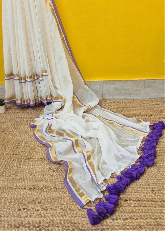 mulmul with jari patta border saree