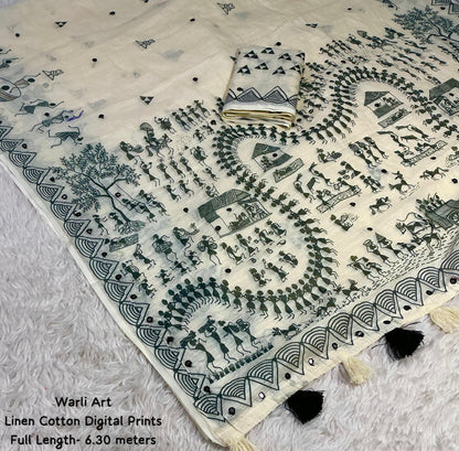 Linen Cotton Warli Printed Saree