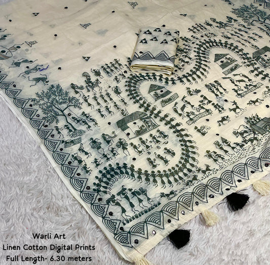 Linen Cotton Warli Printed Saree
