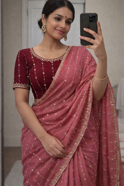 Star Georgette Sequence Embroidery Work Saree