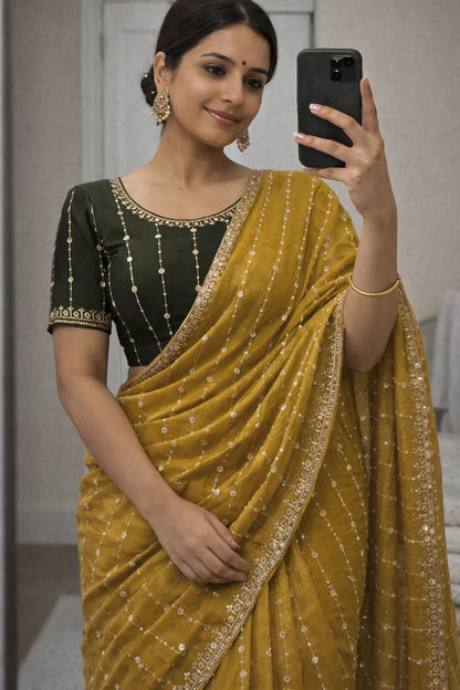 Star Georgette Sequence Embroidery Work Saree