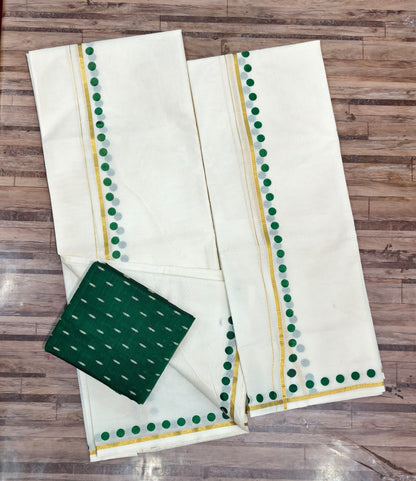 Light kasavu Puliyilakara Dots  Print SETTMUNDU