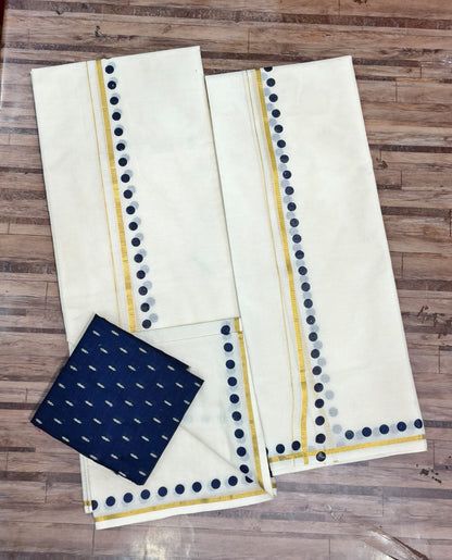 Light kasavu Puliyilakara Dots  Print SETTMUNDU