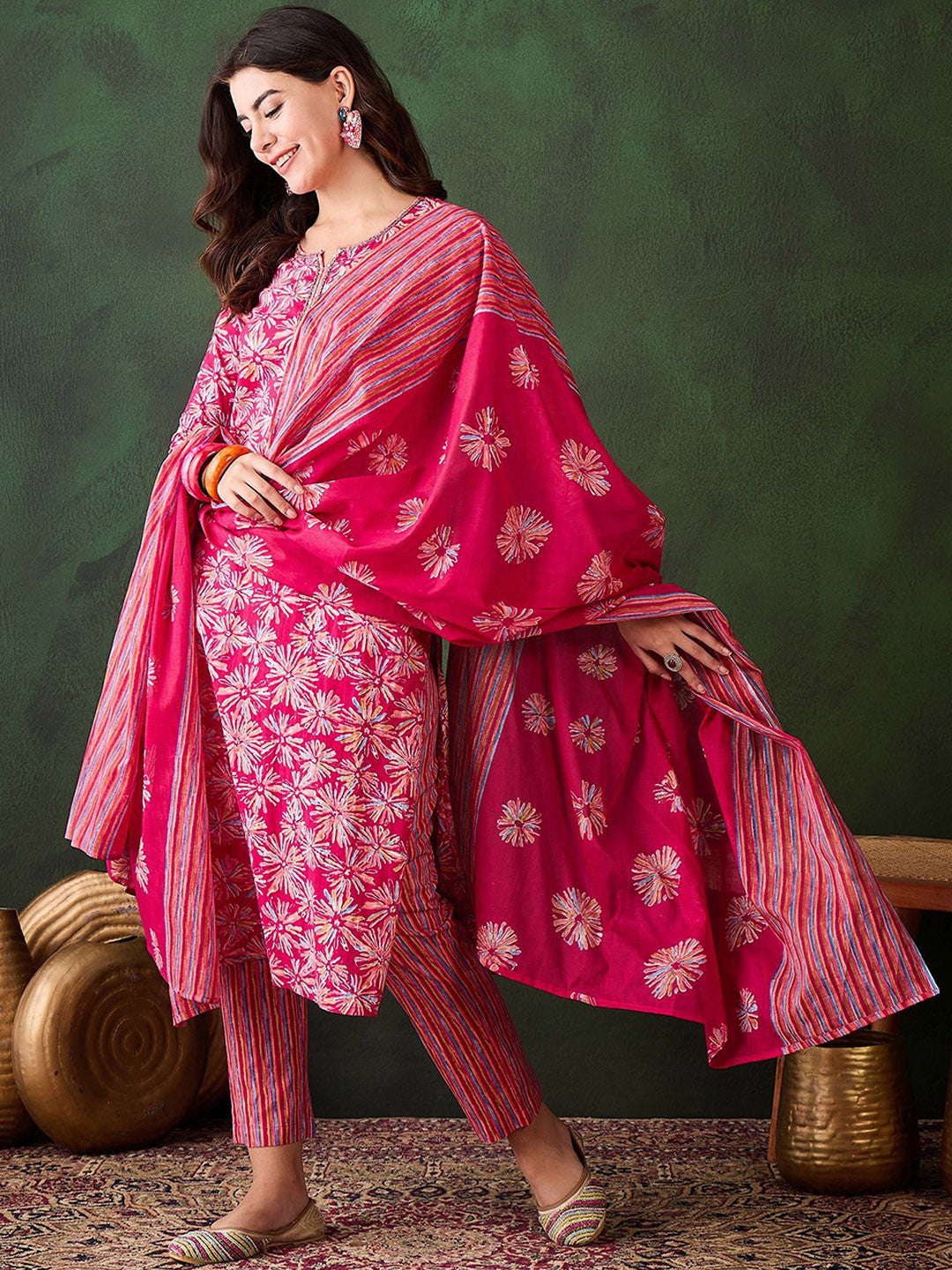 HAND WORK COTTON KURTI PANT DUPATTA SET