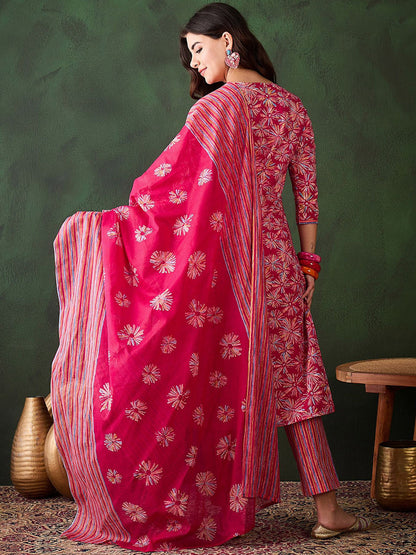 HAND WORK COTTON KURTI PANT DUPATTA SET