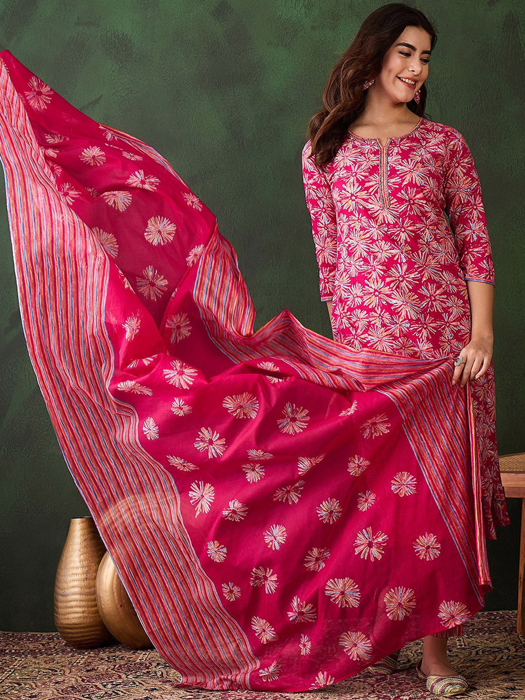 HAND WORK COTTON KURTI PANT DUPATTA SET