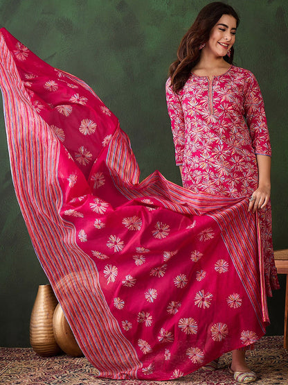HAND WORK COTTON KURTI PANT DUPATTA SET