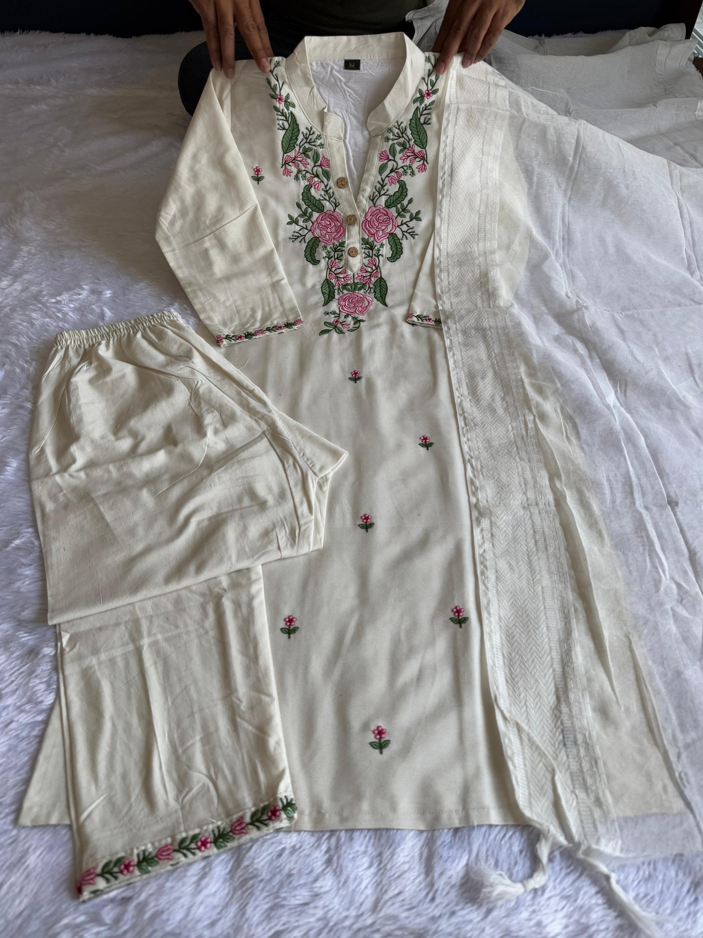Khadi Cotton Kurti Pant Dupatta Set