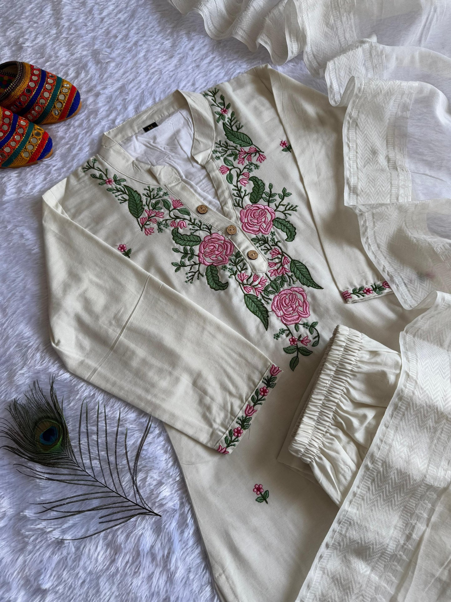 Khadi Cotton Kurti Pant Dupatta Set