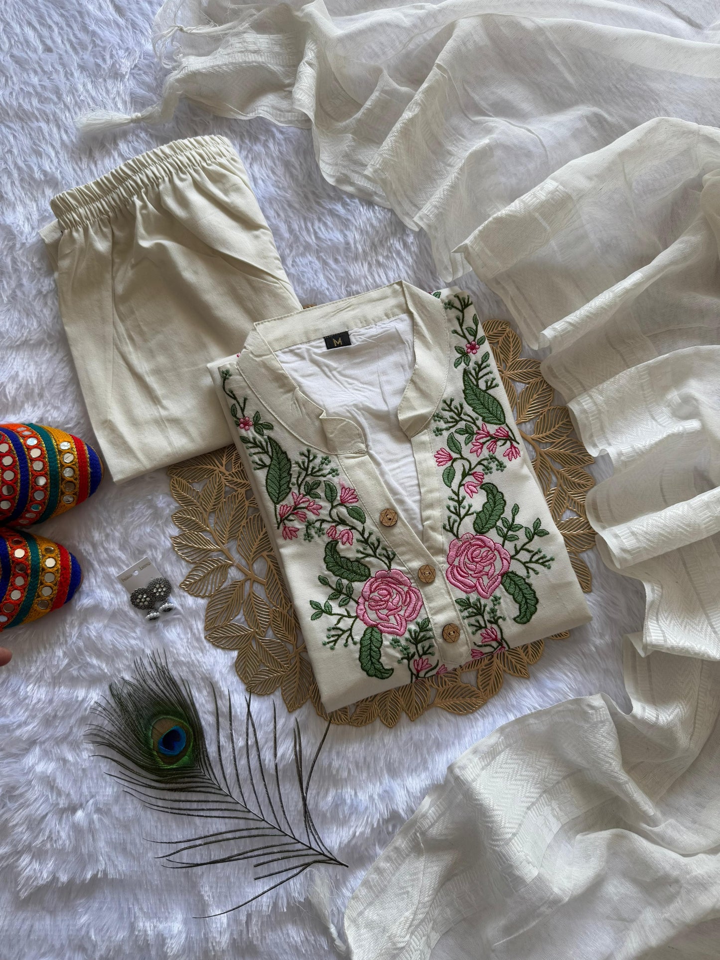 Khadi Cotton Kurti Pant Dupatta Set