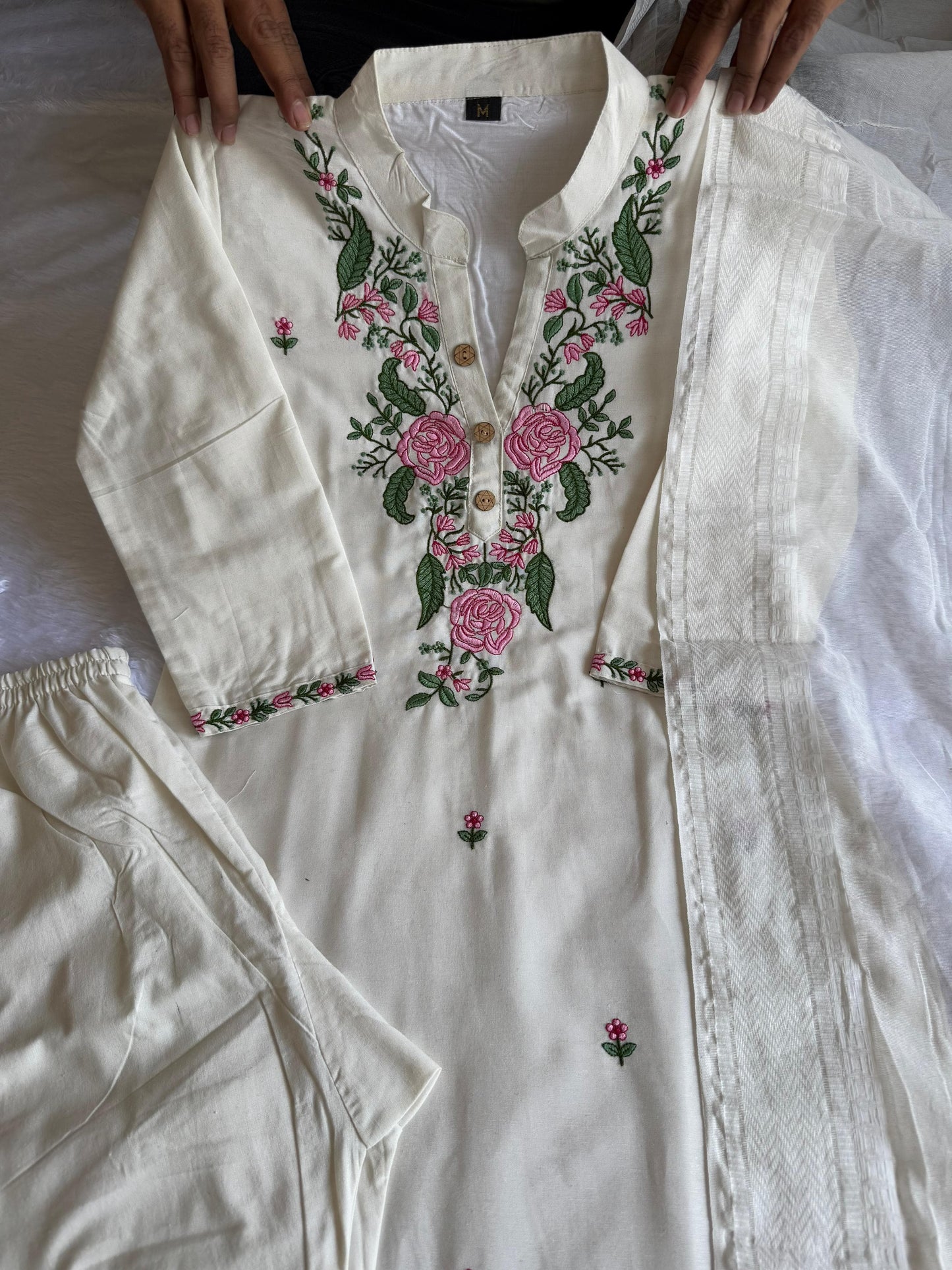 Khadi Cotton Kurti Pant Dupatta Set