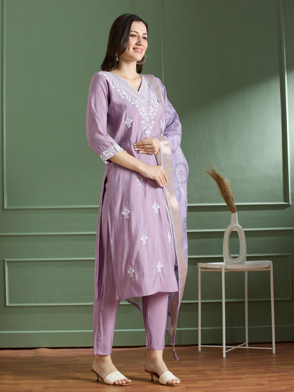 Roman Silk Emboridary Cotton Printed Kurti Pant Dupatta Set