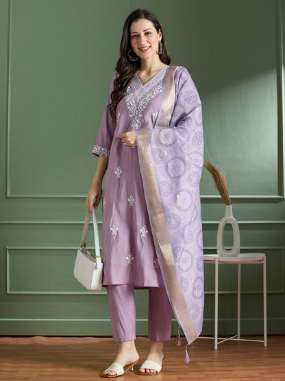 Roman Silk Emboridary Cotton Printed Kurti Pant Dupatta Set