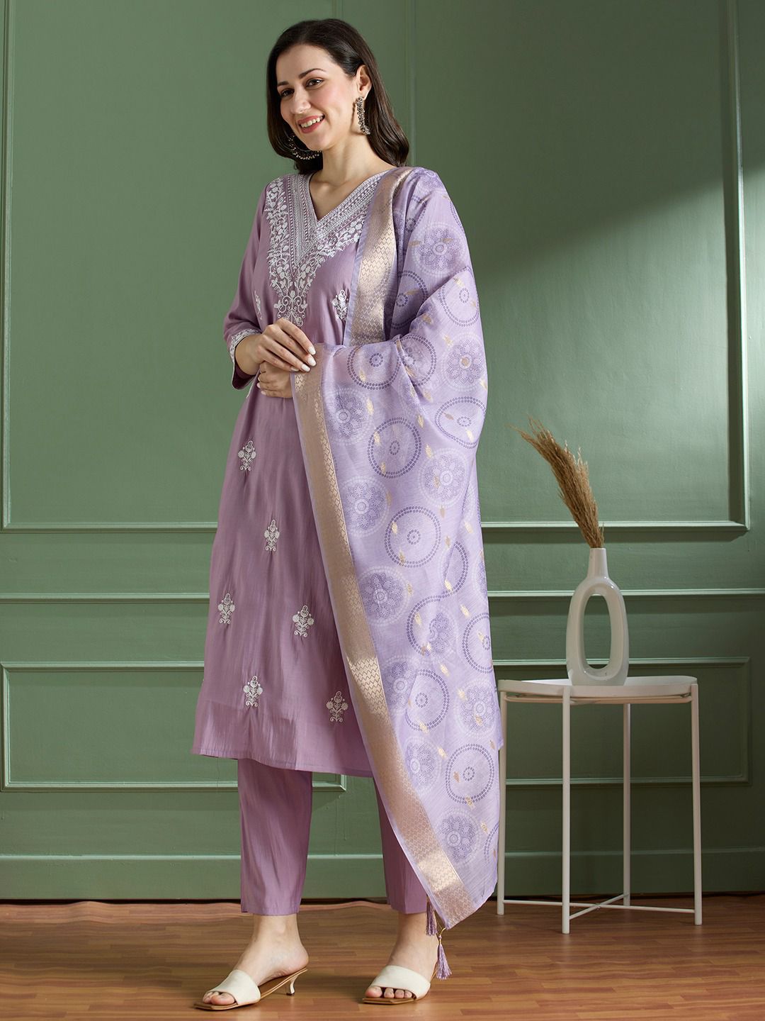 Roman Silk Emboridary Cotton Printed Kurti Pant Dupatta Set