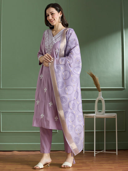 Roman Silk Emboridary Cotton Printed Kurti Pant Dupatta Set