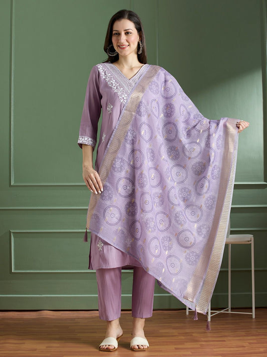 Roman Silk Emboridary Cotton Printed Kurti Pant Dupatta Set