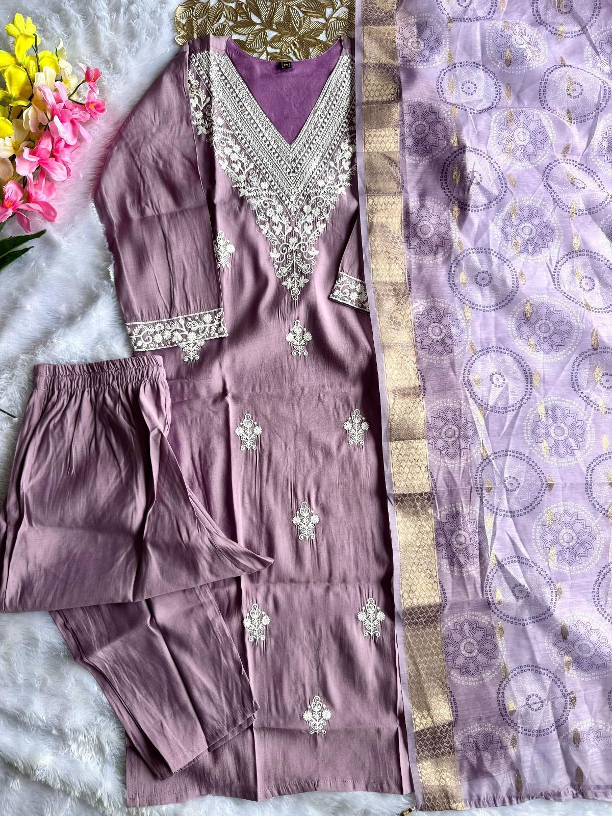 Roman Silk Emboridary Cotton Printed Kurti Pant Dupatta Set
