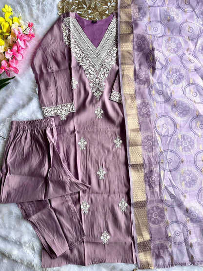 Roman Silk Emboridary Cotton Printed Kurti Pant Dupatta Set