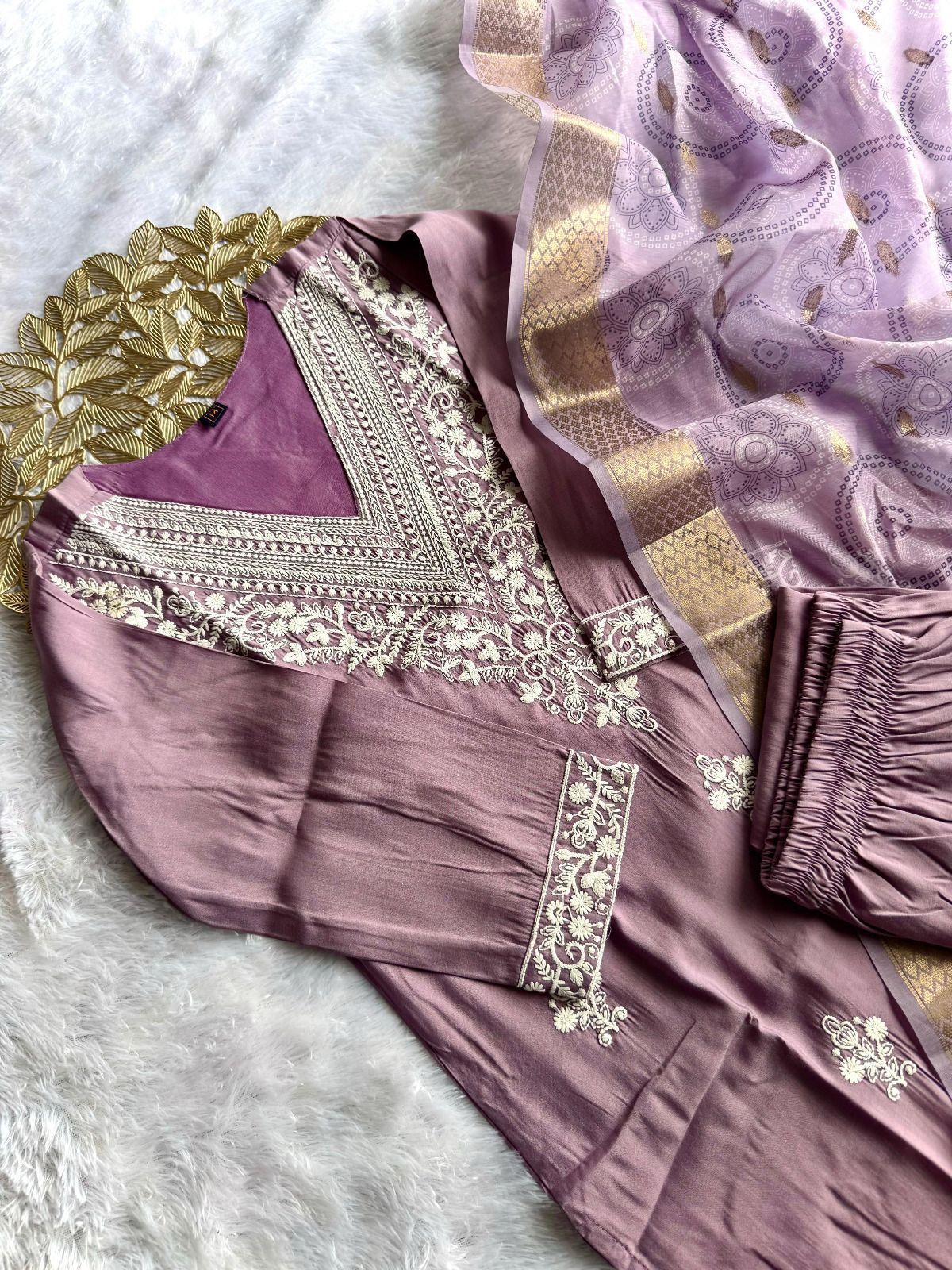 Roman Silk Emboridary Cotton Printed Kurti Pant Dupatta Set