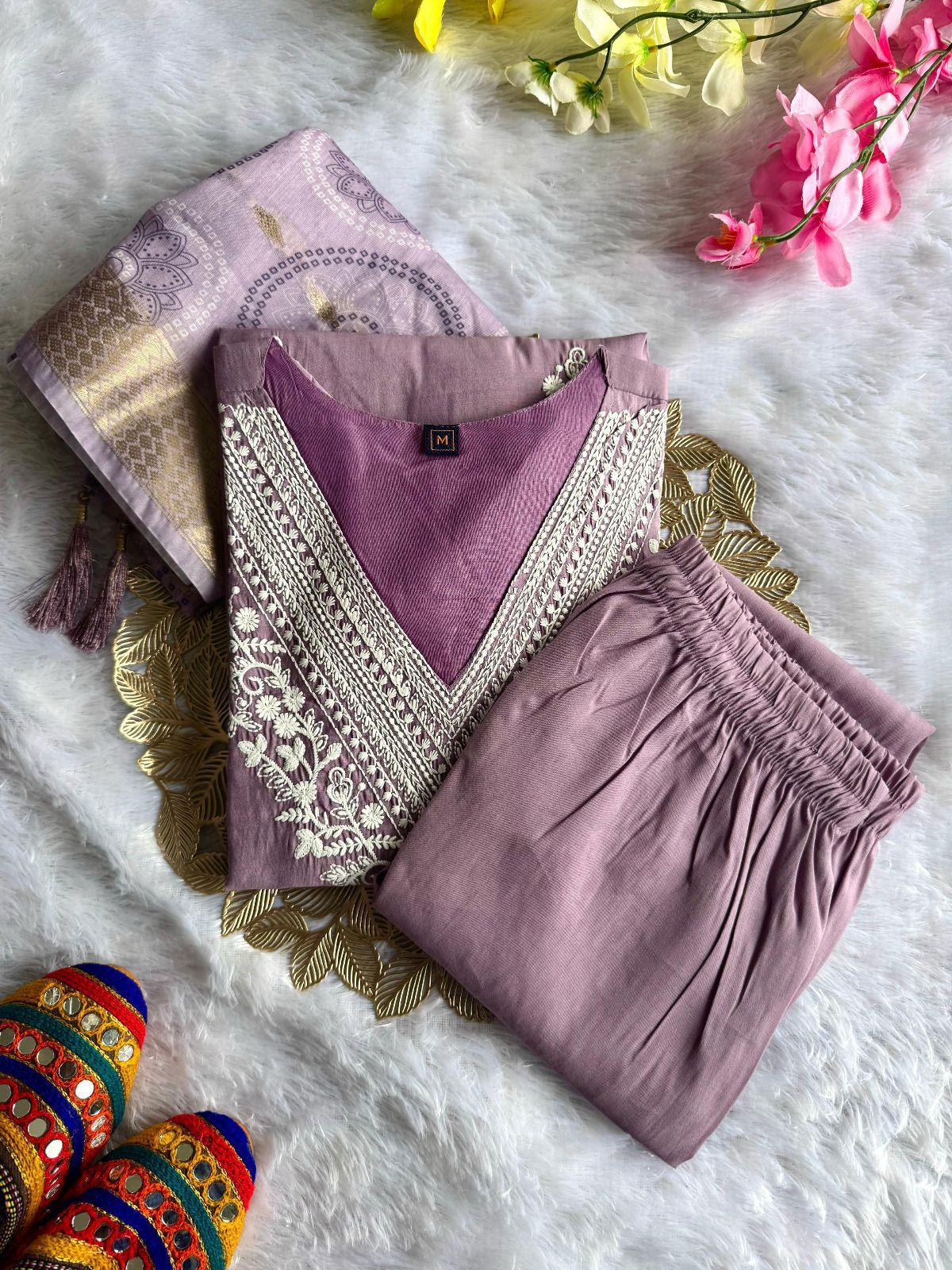 Roman Silk Emboridary Cotton Printed Kurti Pant Dupatta Set