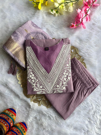 Roman Silk Emboridary Cotton Printed Kurti Pant Dupatta Set