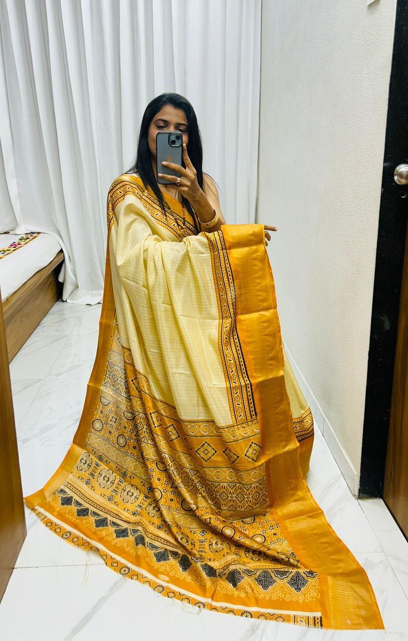 Bandhani Saree New Supar Ajrakh GOLD
