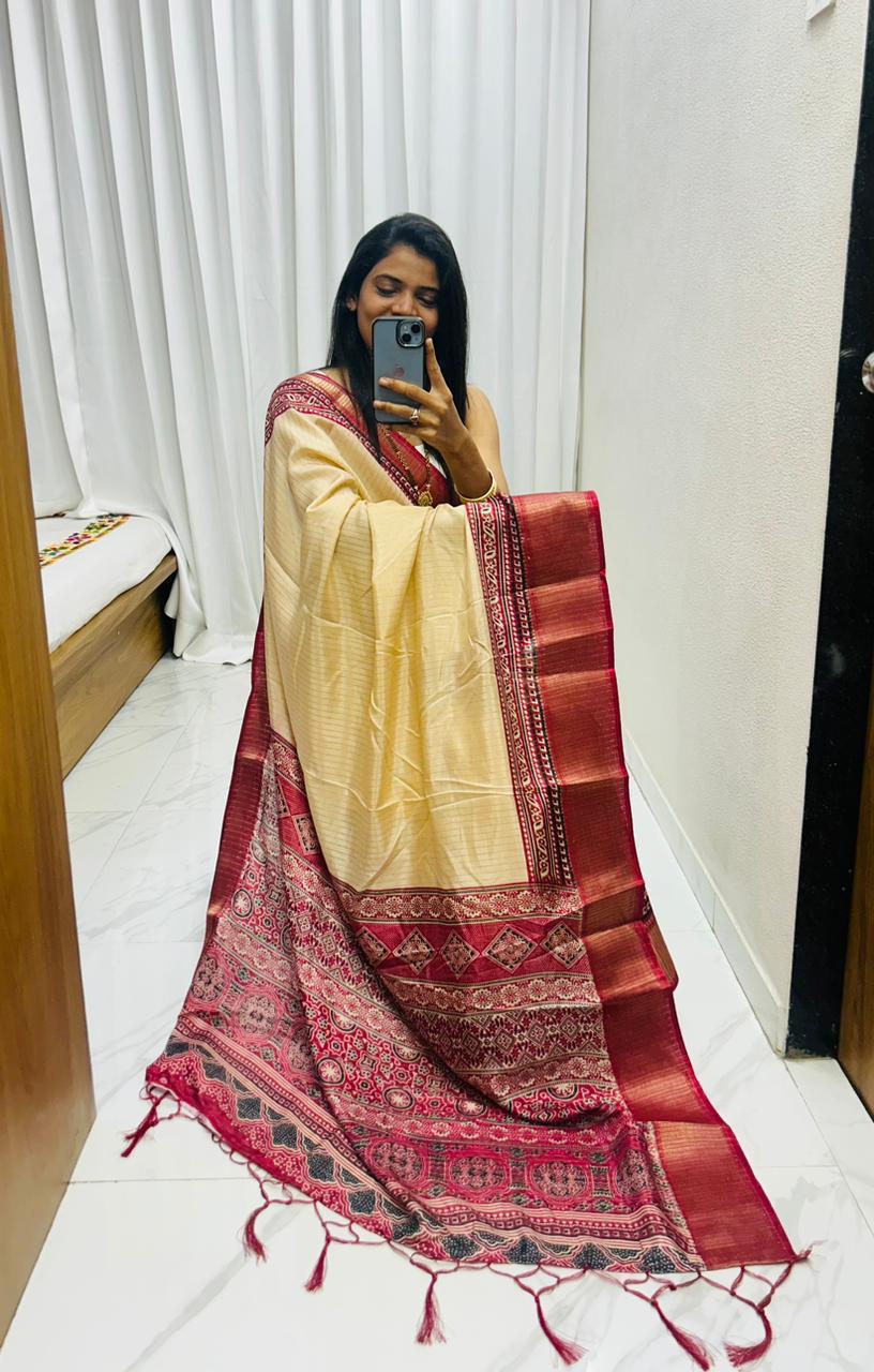 Bandhani Saree New Supar Ajrakh GOLD