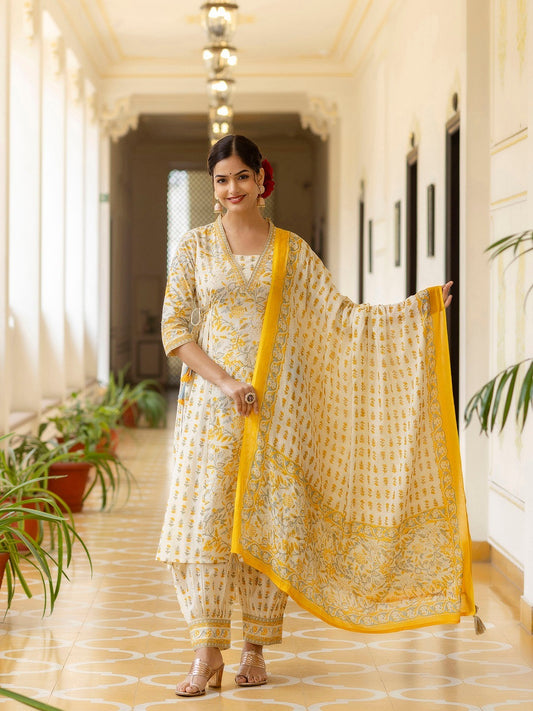 COTTON PRINTED KURTI PANT DUPATTA SET